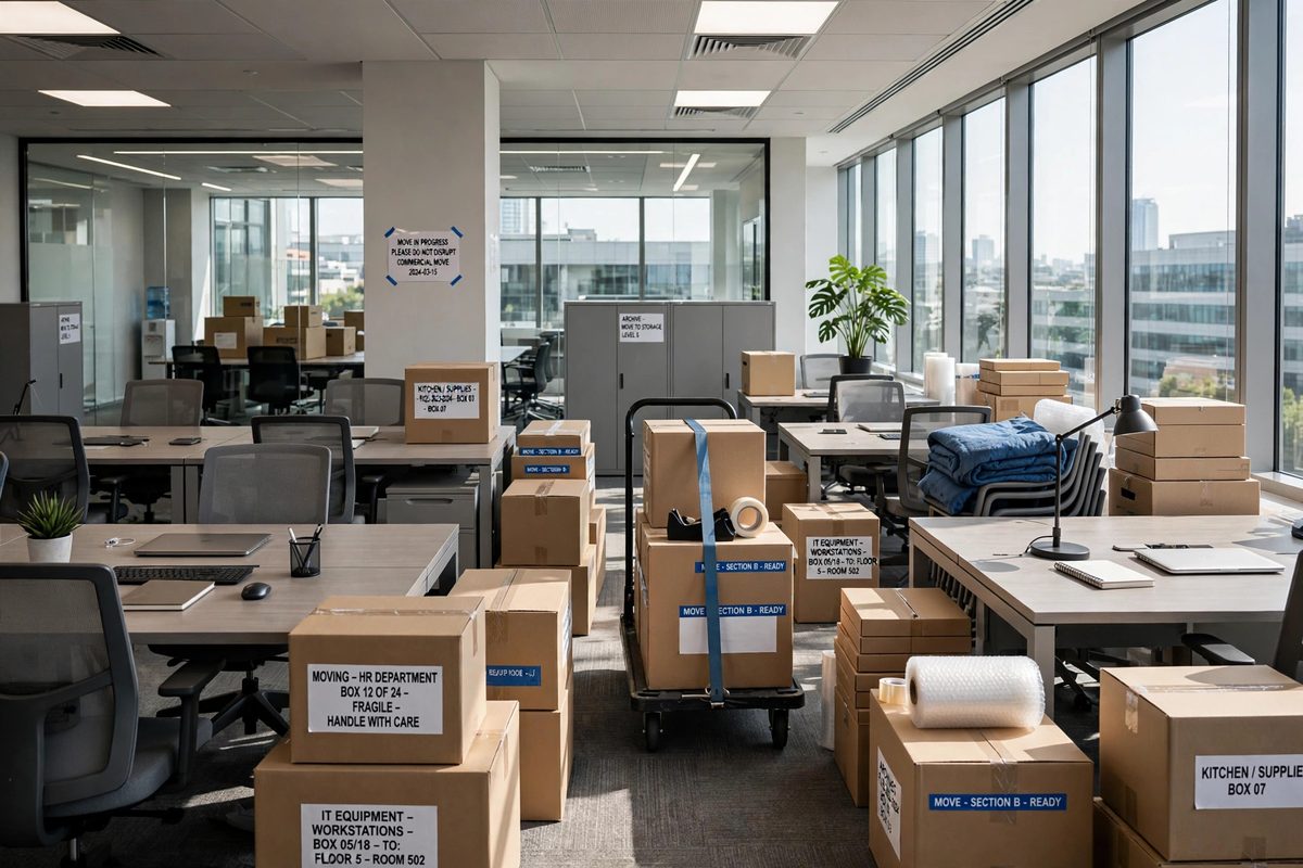 Modern office space with desks, chairs and office furniture during a commercial move